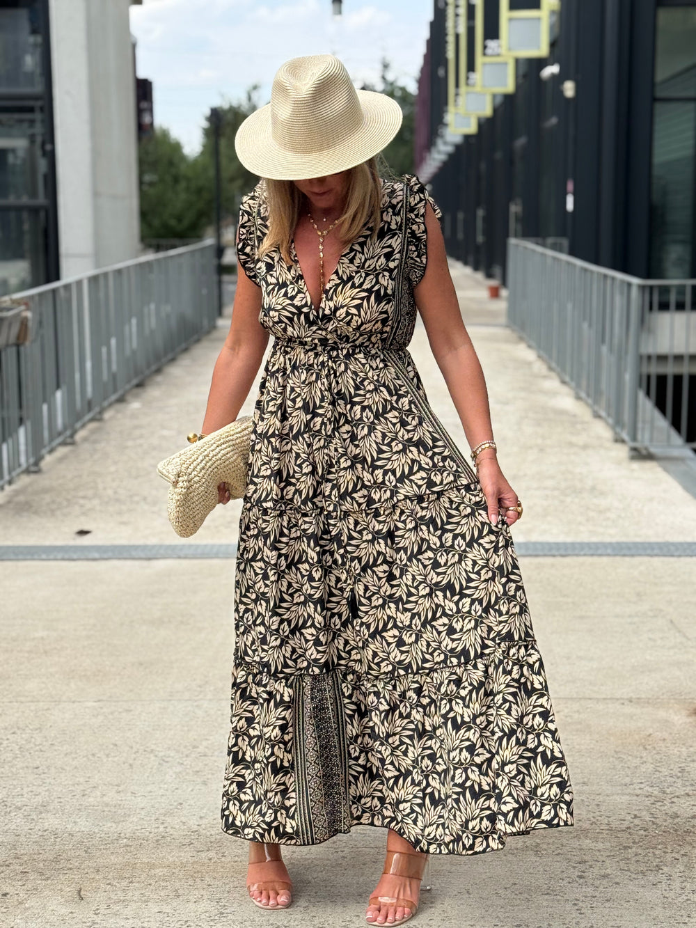Robe imprimée col croisé Noir 1537-01