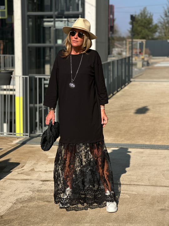 Robe t-shirt jupant dentelle Noir