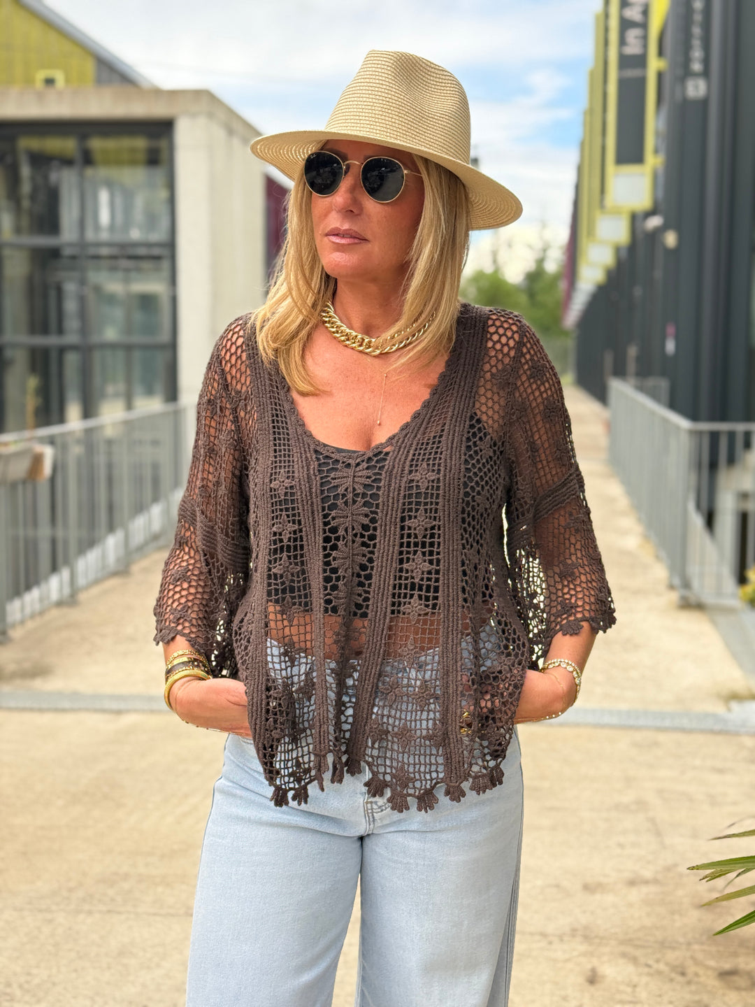 Top crochet col V manches mi-longues CHOCO 8125