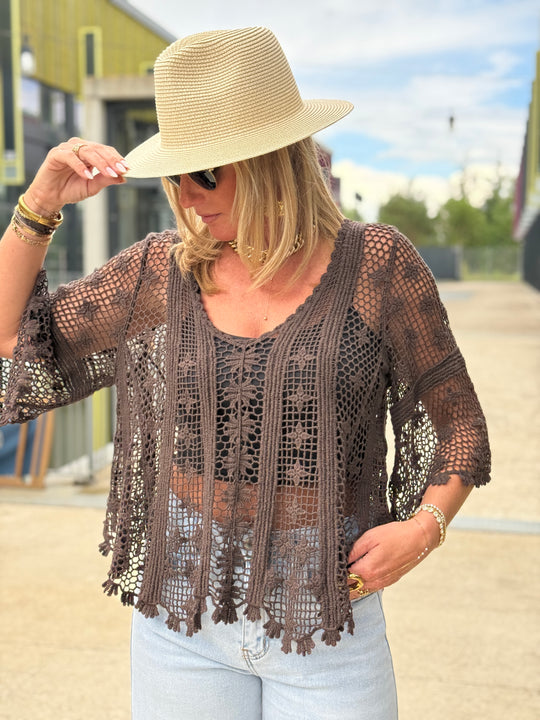 Top crochet col V manches mi-longues CHOCO 8125