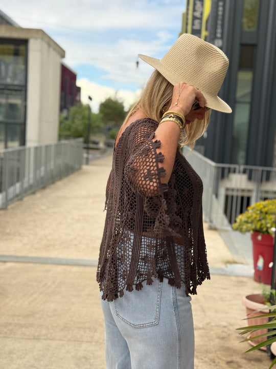 Top crochet col V manches mi-longues CHOCO 8125