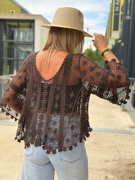Top crochet col V manches mi-longues CHOCO 8125
