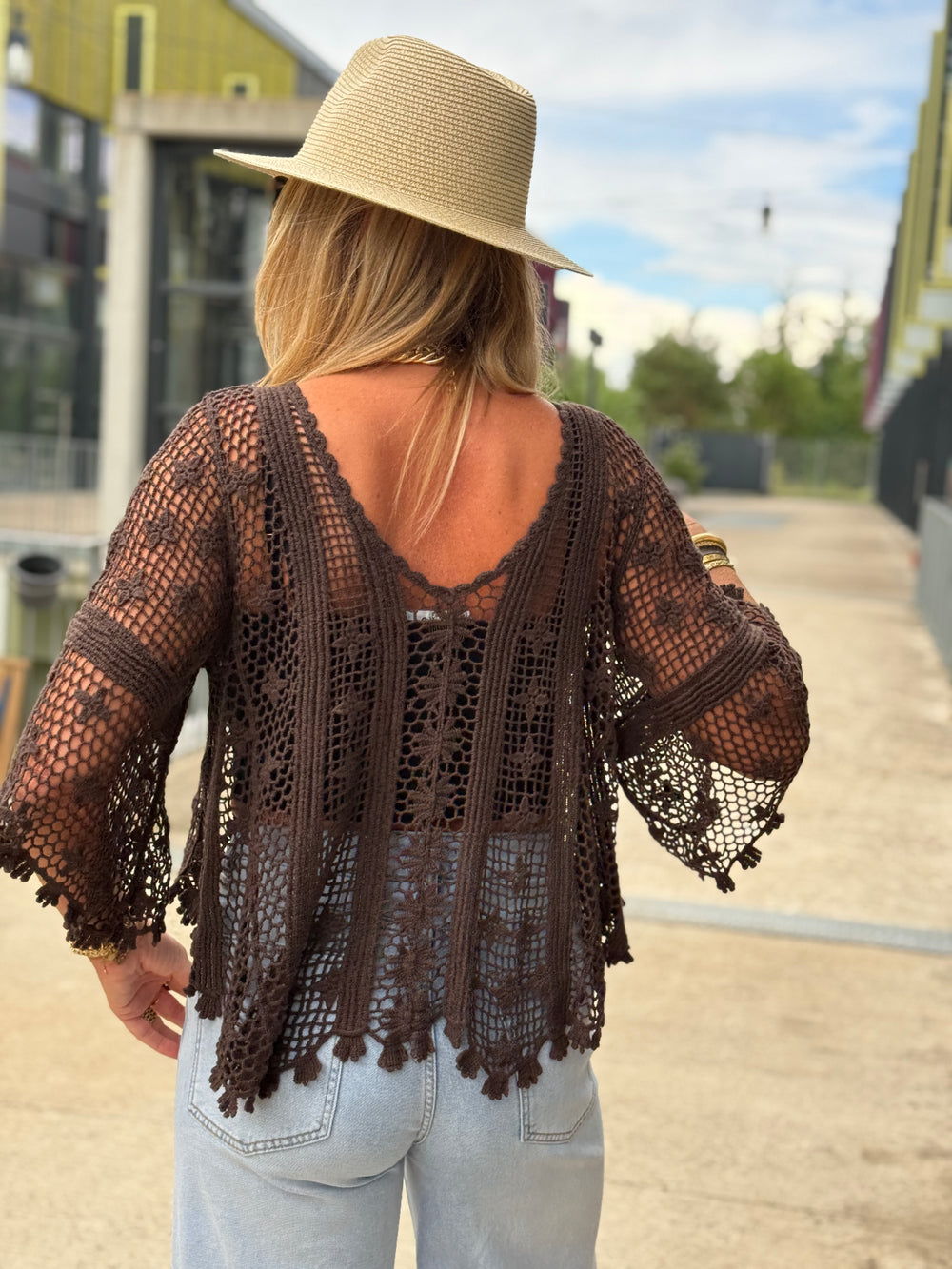Top crochet col V manches mi-longues CHOCO 8125