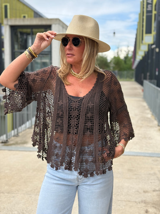 Top crochet col V manches mi-longues CHOCO 8125