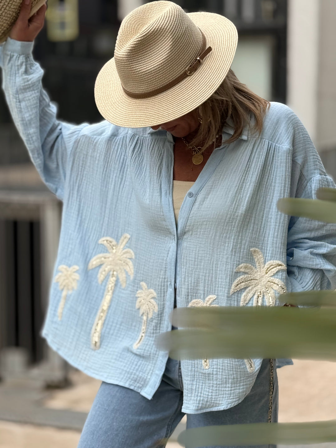 Chemise palmiers gaz de coton Bleu /M697