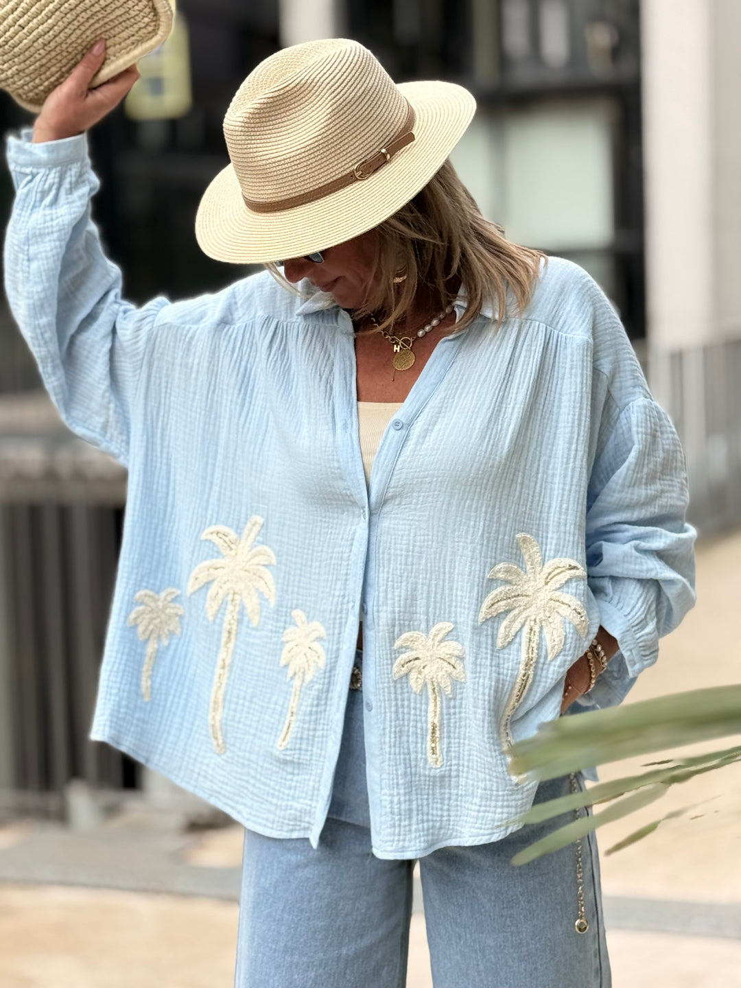 Chemise palmiers gaz de coton Bleu /M697