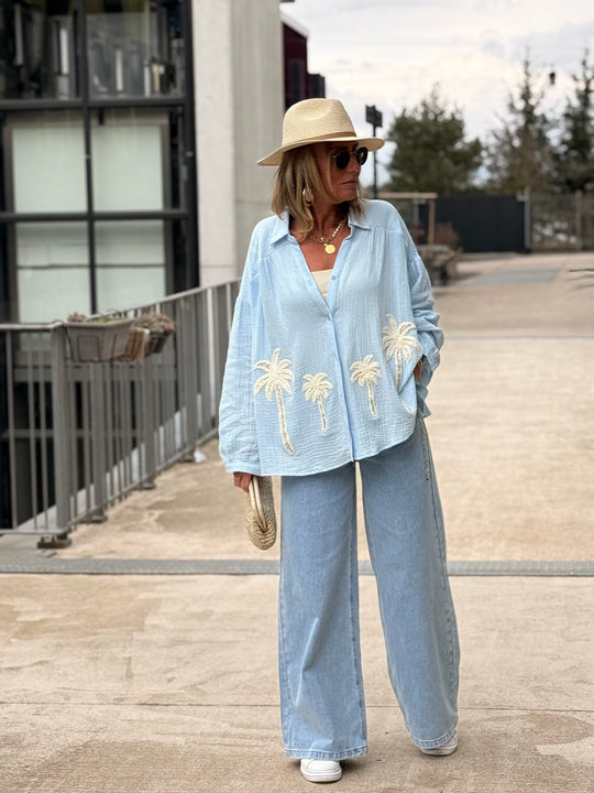 Chemise palmiers gaz de coton Bleu /M697