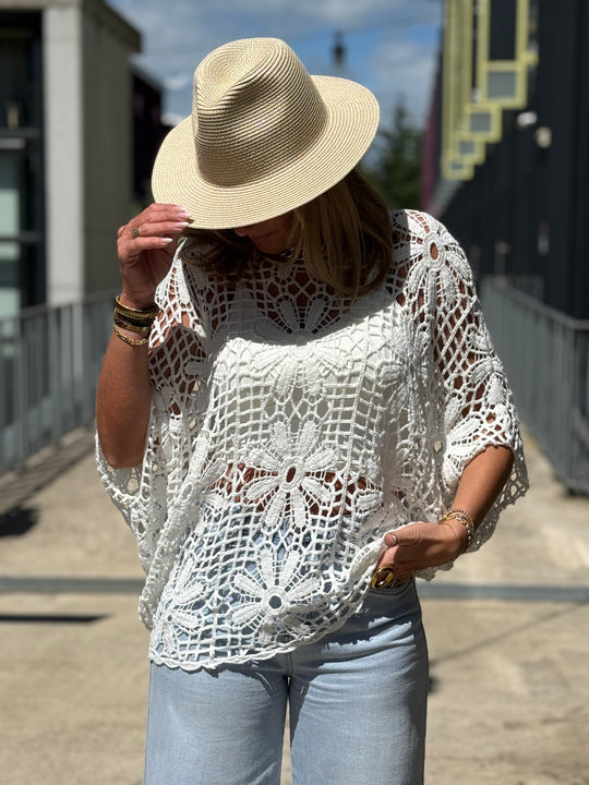 Top crochet BLANC grosses fleurs 8050
