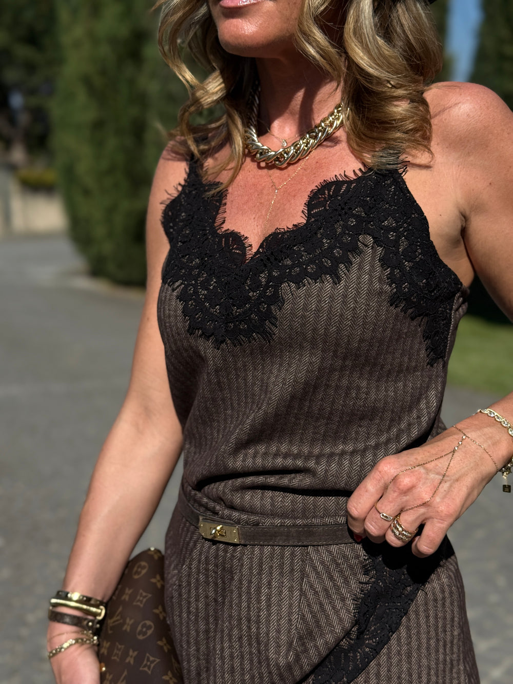 Top rayure dentelle Marron