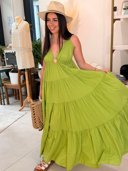 Robe Maxi col V soleil olive 6686