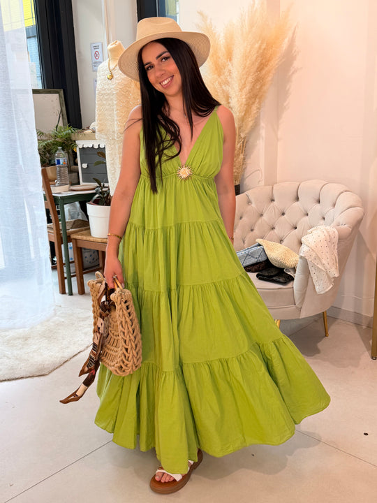Robe Maxi col V soleil olive 6686