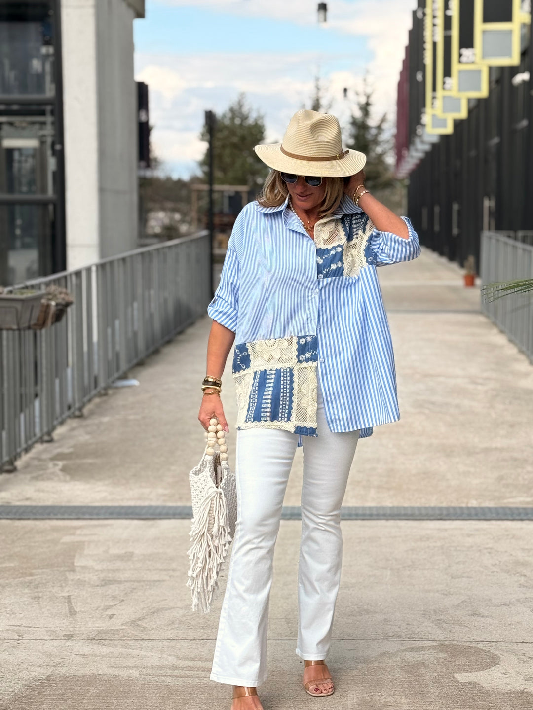 Chemise bleu rayure patchwork