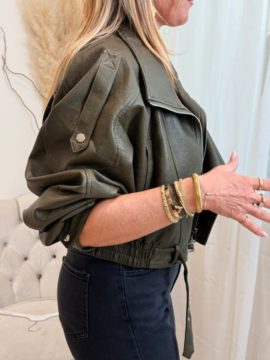 Veste similicuir cintré à la taille 8473 Kaki