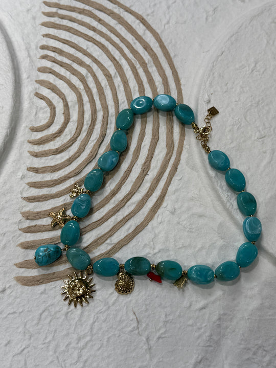 Collier perles Bleu pendentifs