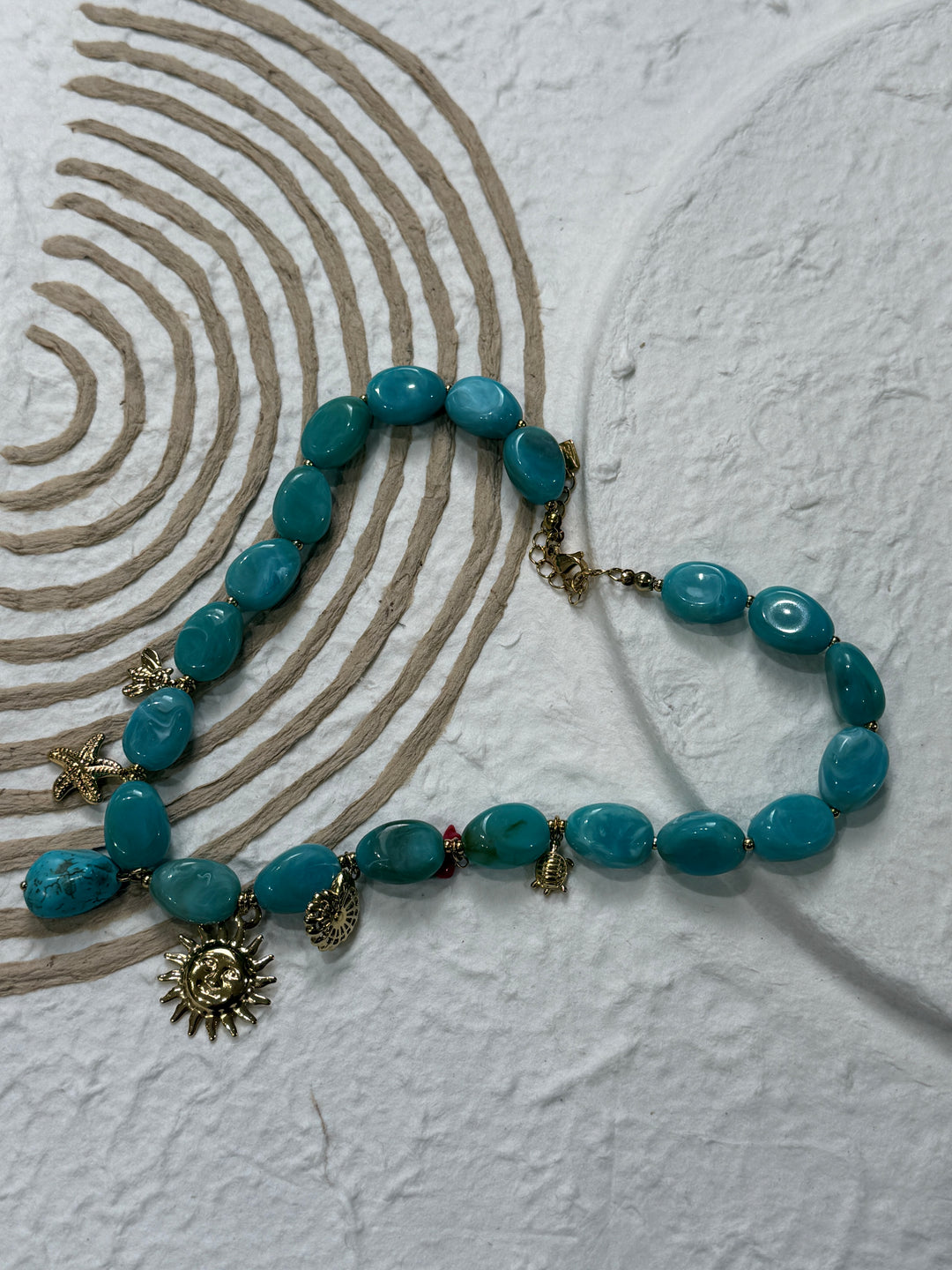 Collier perles Bleu pendentifs