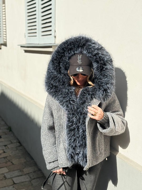 Veste Lainer capuche fourrure Gris 202396