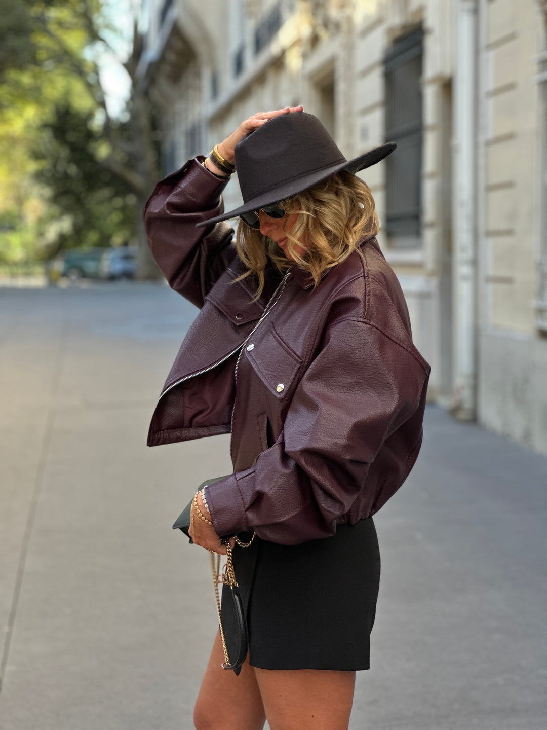Veste similicuir manches loose bordeaux 2199