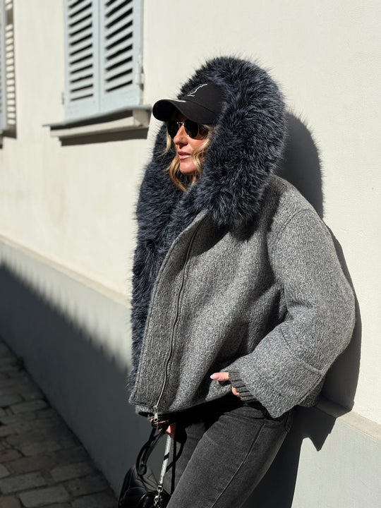 Veste Lainer capuche fourrure Gris 202396
