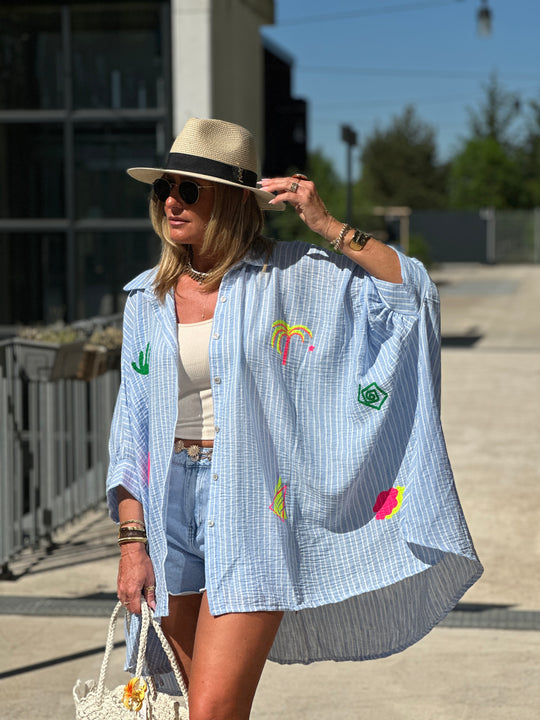 Chemise rayure bleu claire patchwork