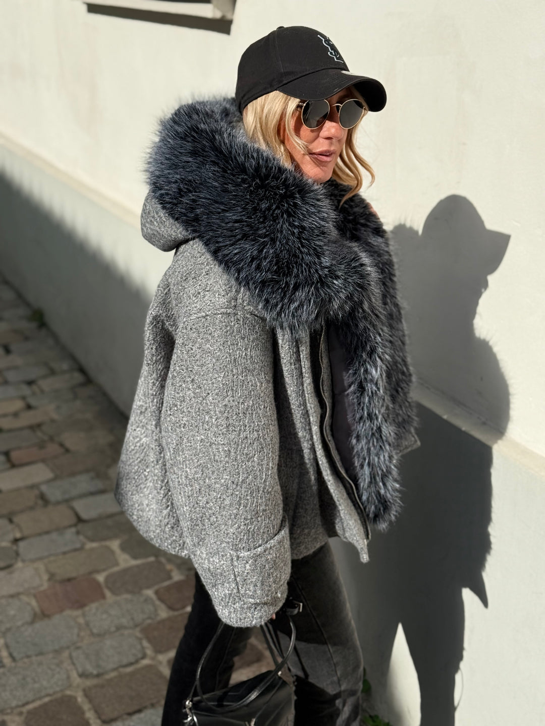 Veste Lainer capuche fourrure Gris 202396