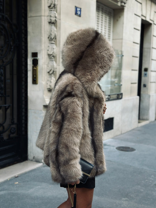 veste fourrure capuche beige/camel 3043