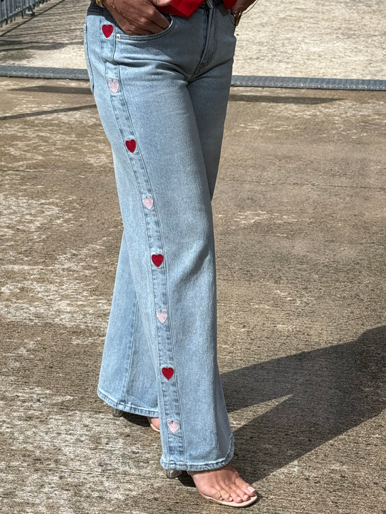 Jean bleu bandes cœurs pink/red 0236