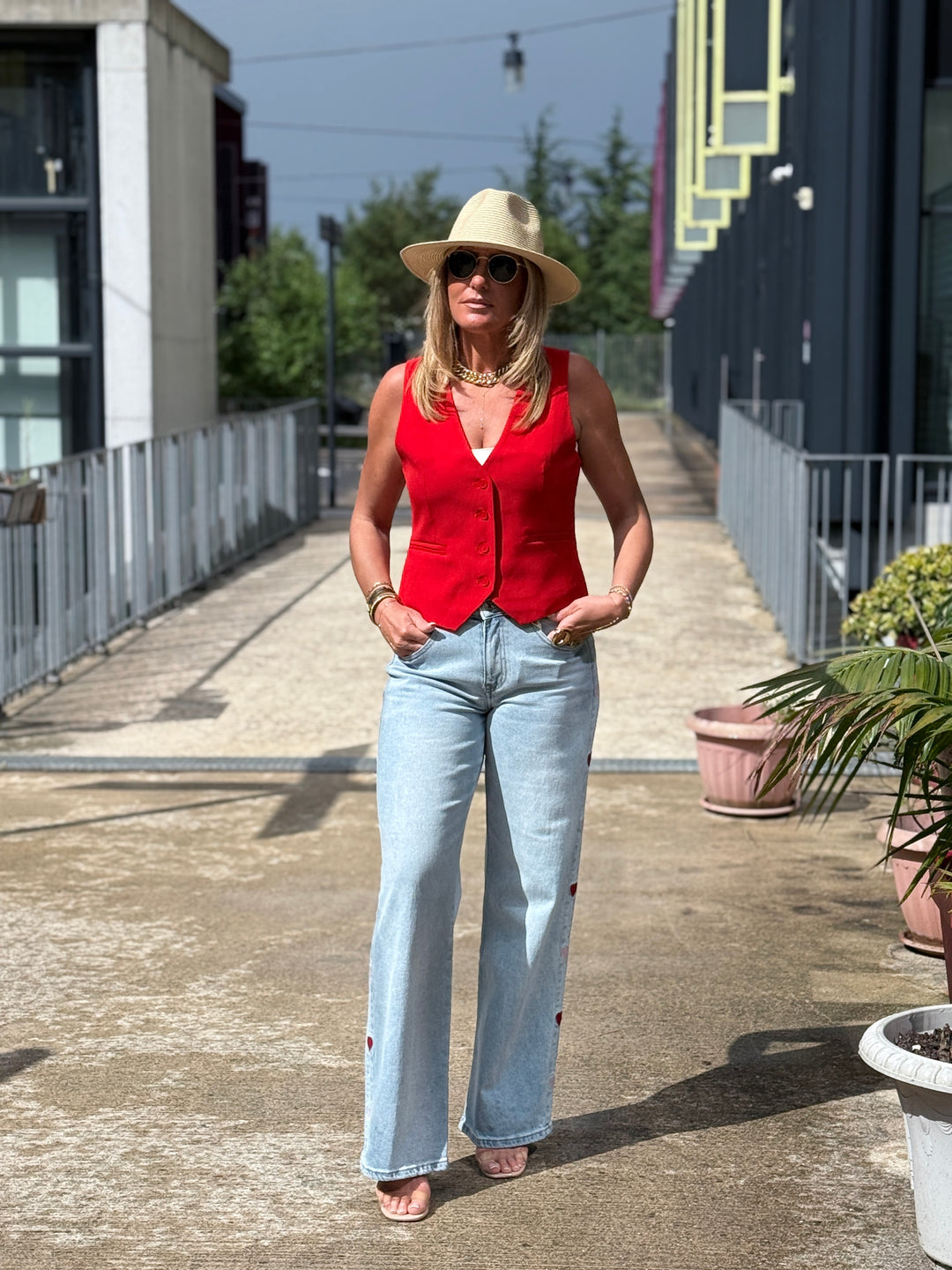 Jean bleu bandes cœurs pink/red 0236