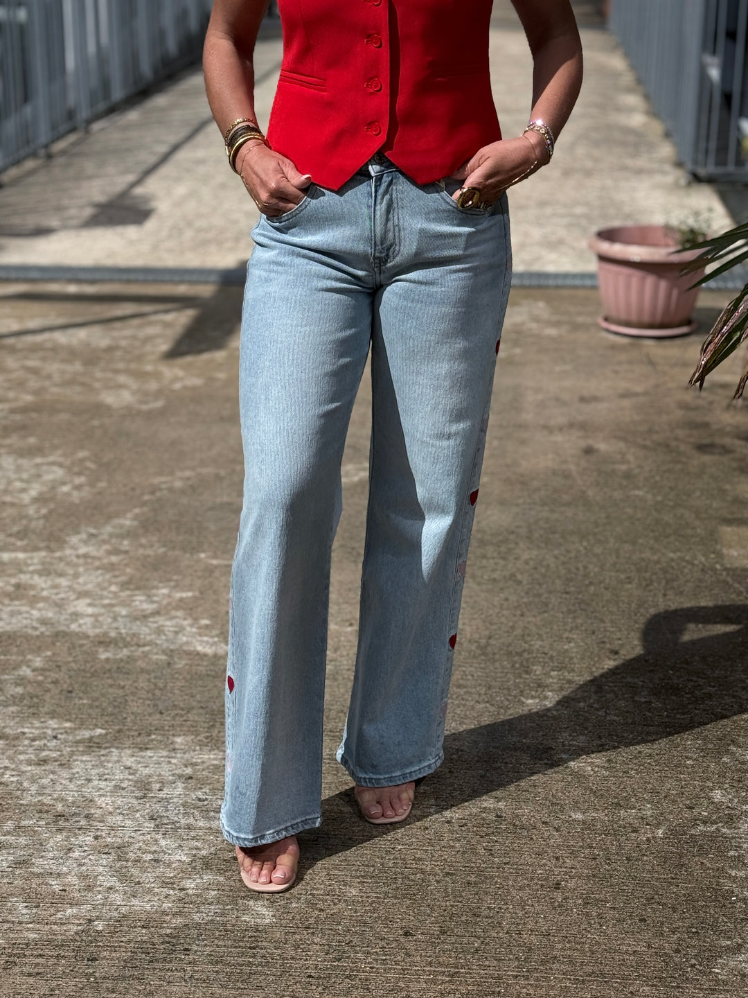 Jean bleu bandes cœurs pink/red 0236