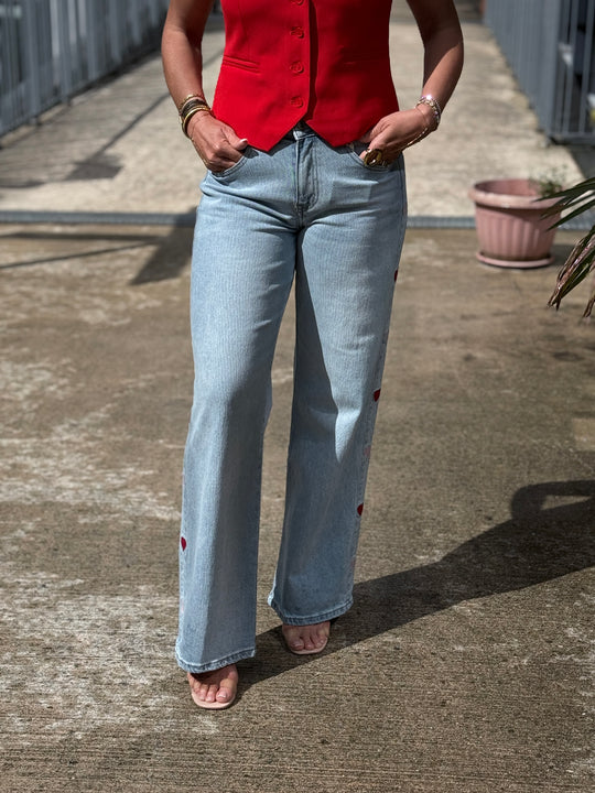 Jean bleu bandes cœurs pink/red 0236