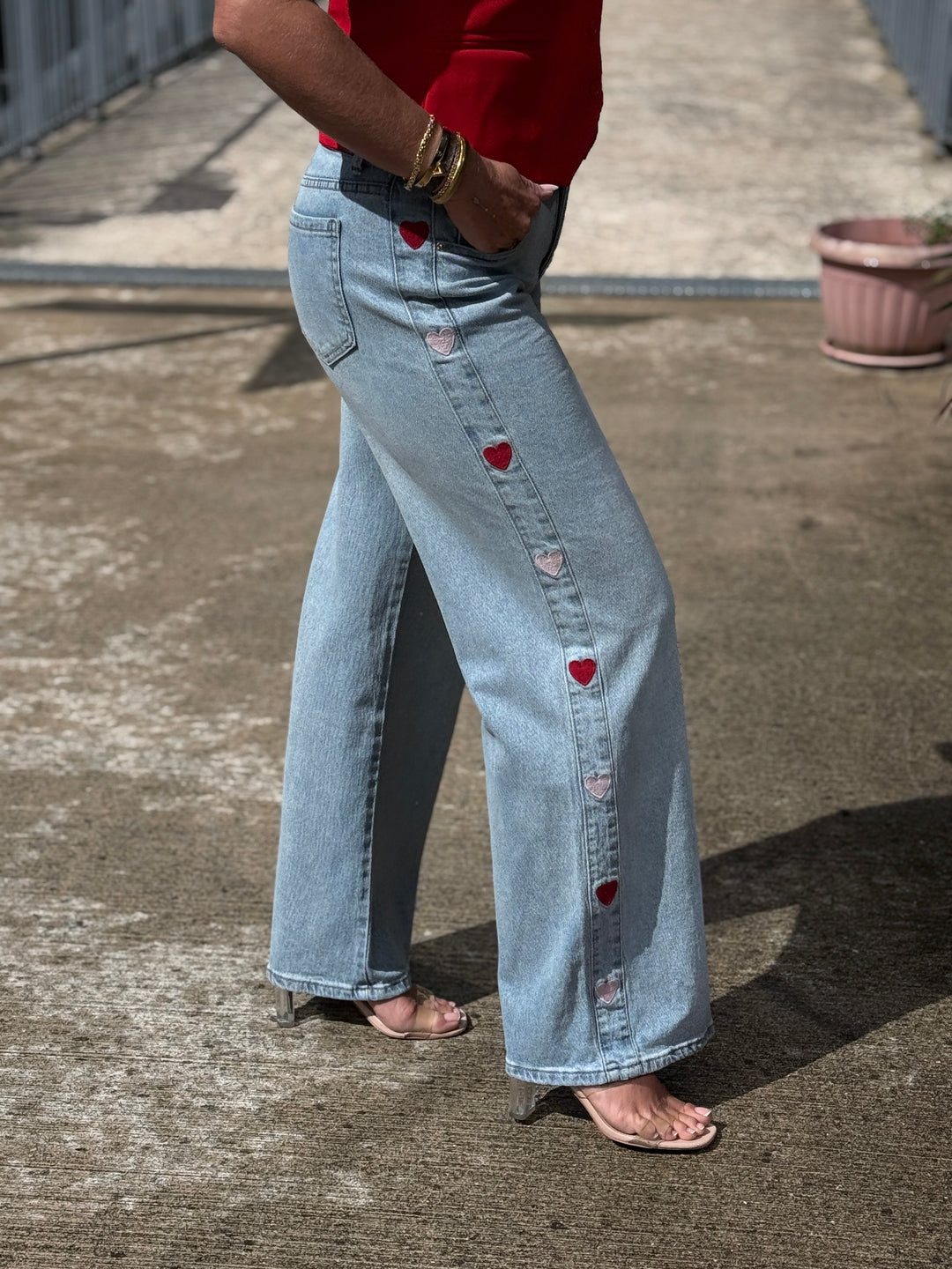 Jean bleu bandes cœurs pink/red 0236