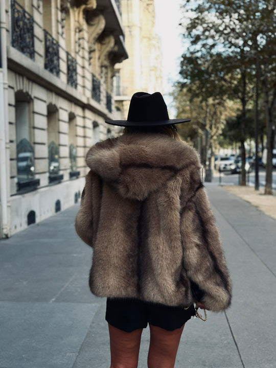 veste fourrure capuche beige/camel 3043