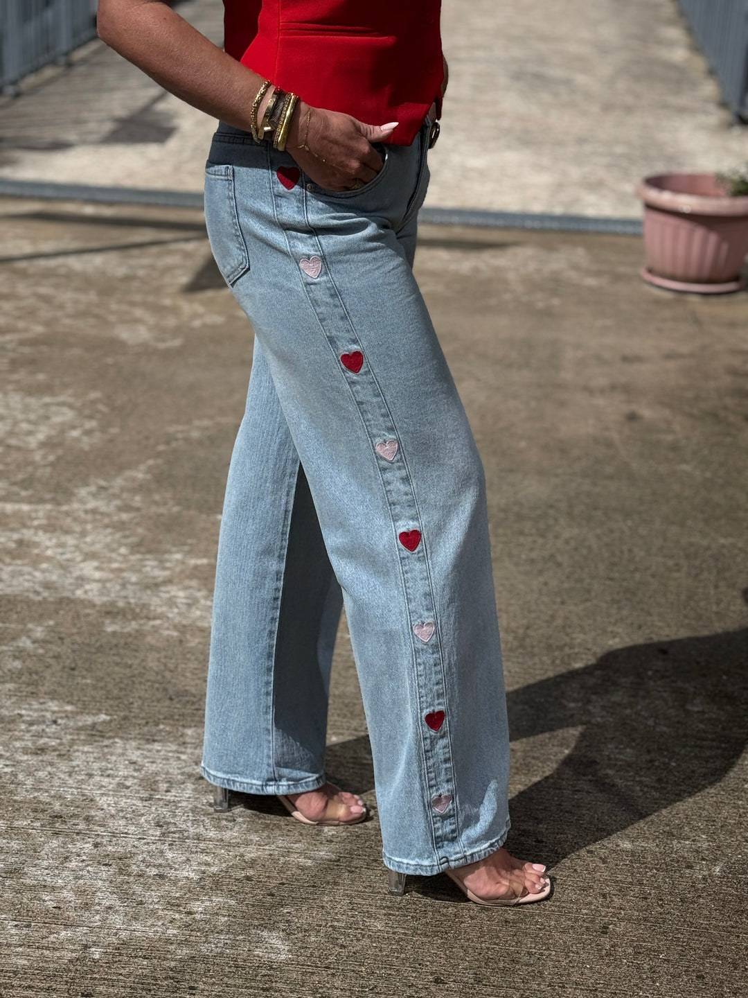 Jean bleu bandes cœurs pink/red 0236