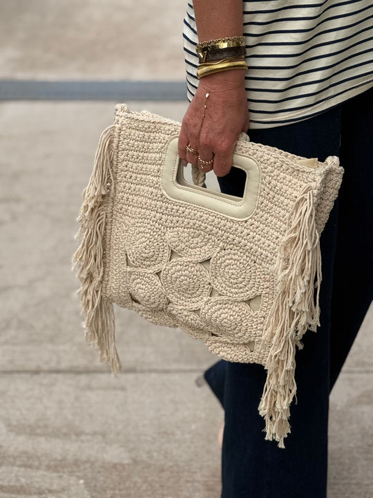 Sac crochet à franges beige