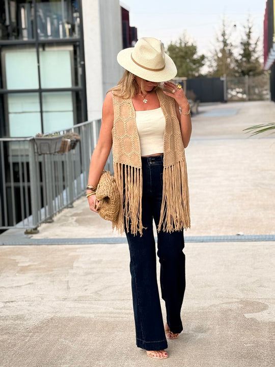 Gilet court camel franges 5001