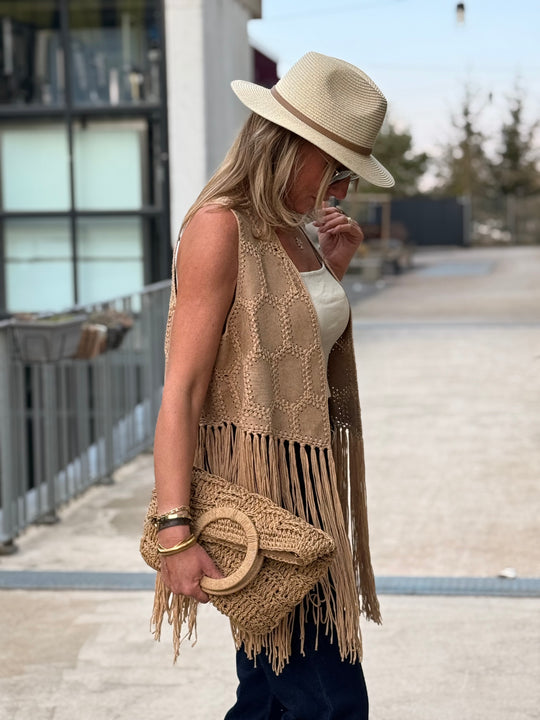 Gilet court camel franges 5001
