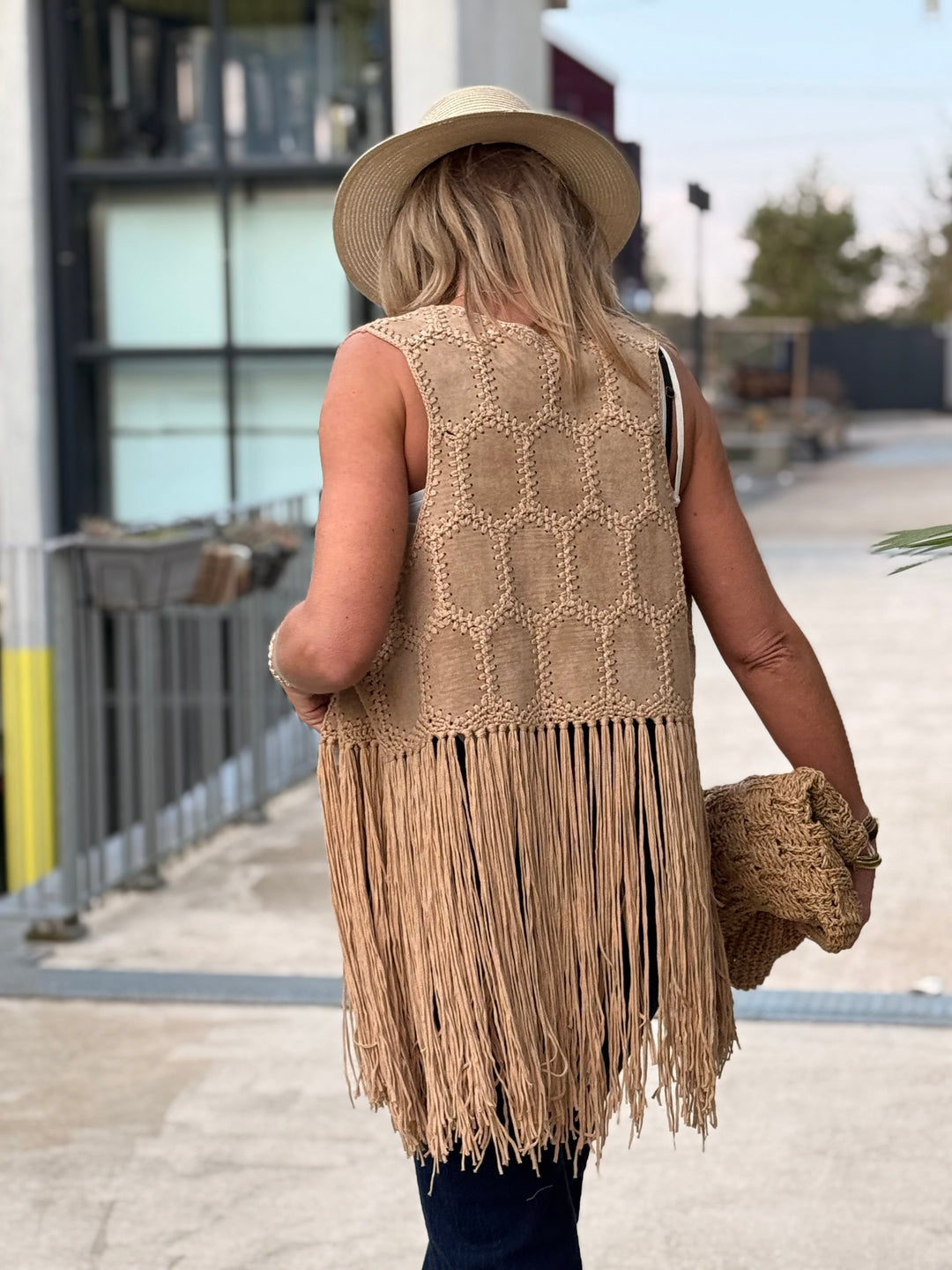 Gilet court camel franges 5001