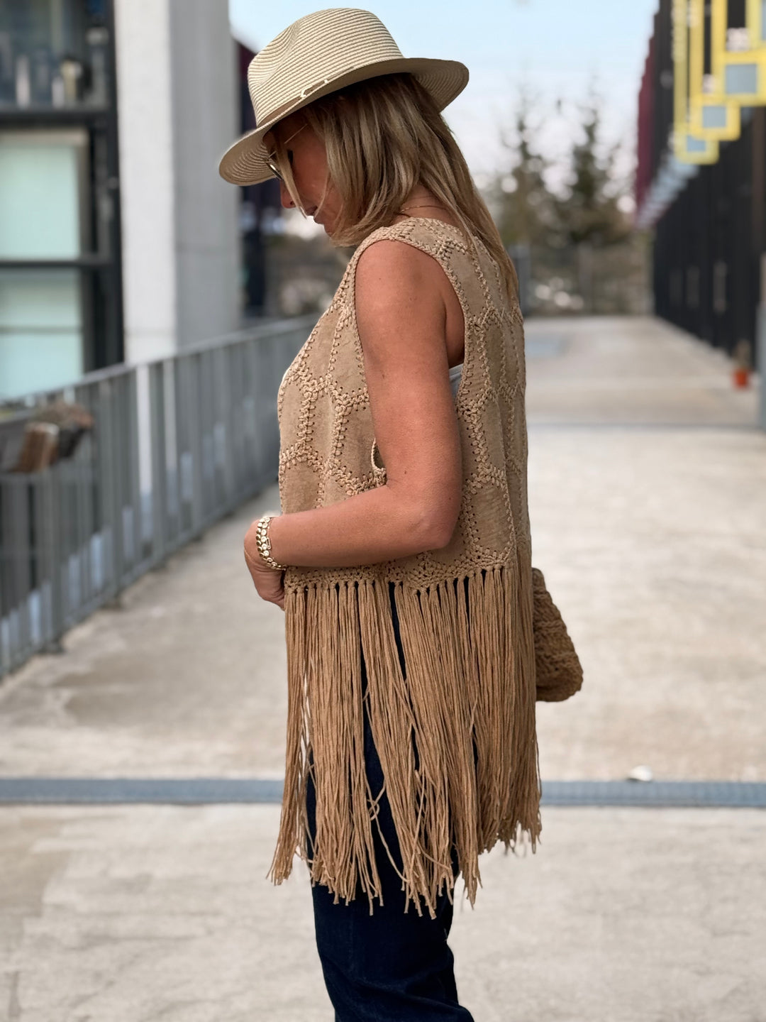 Gilet court camel franges 5001
