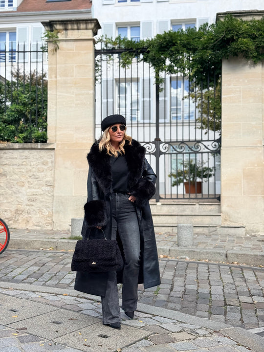 MANTEAU LONG EN SIMILICUIR Fourrure Noir 9202
