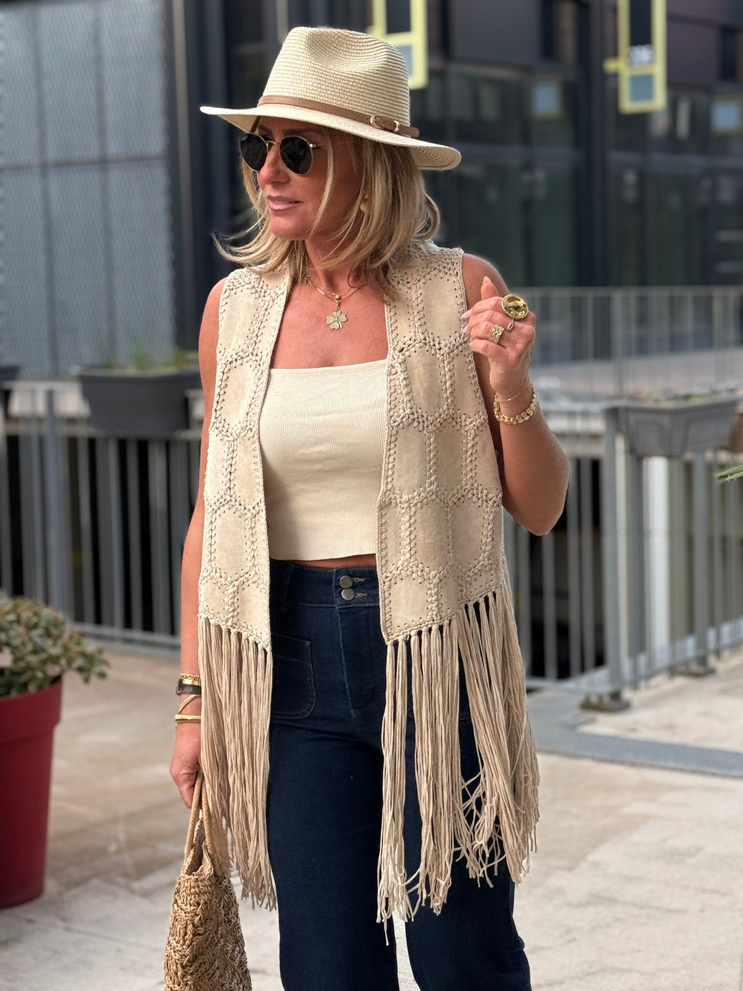 Gilet court beige franges 5001