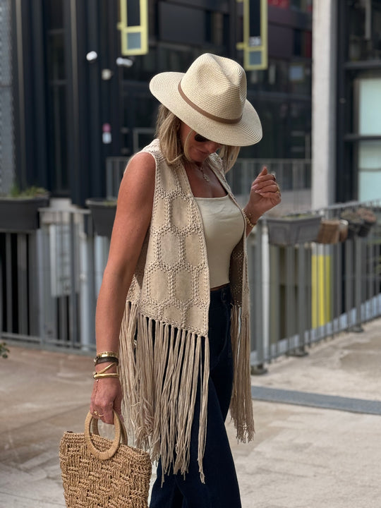 Gilet court beige franges 5001