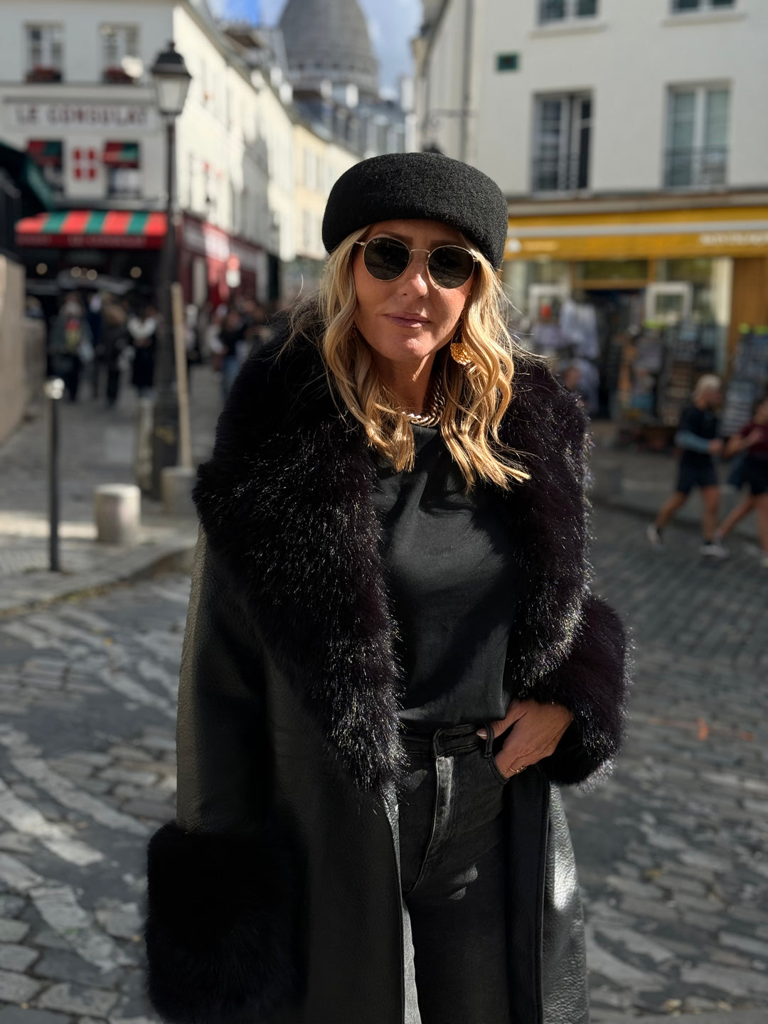 MANTEAU LONG EN SIMILICUIR Fourrure Noir 9202