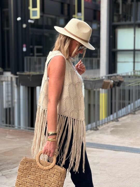 Gilet court beige franges 5001