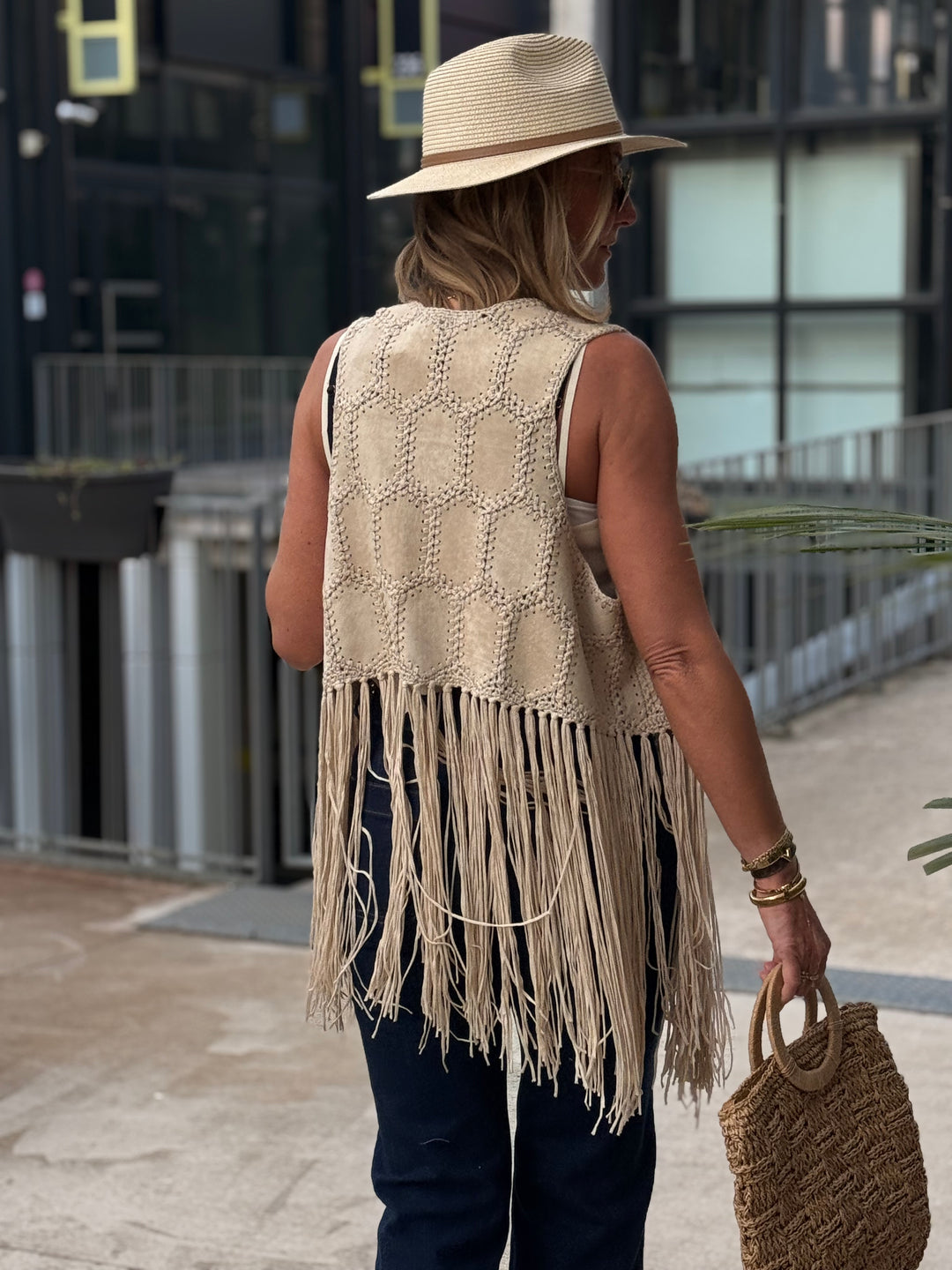 Gilet court beige franges 5001