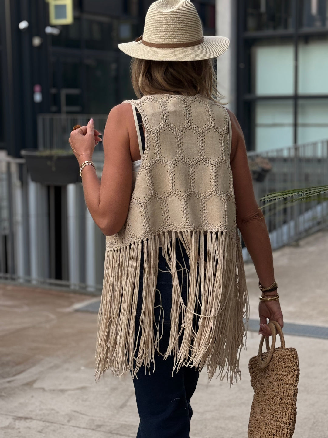 Gilet court beige franges 5001
