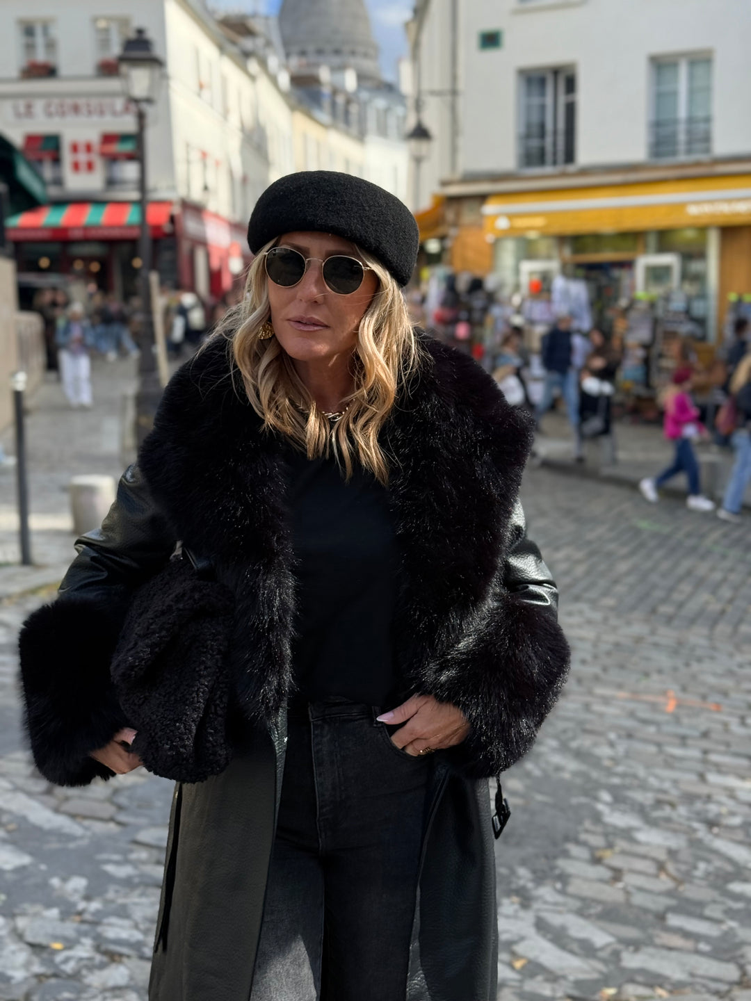 MANTEAU LONG EN SIMILICUIR Fourrure Noir 9202
