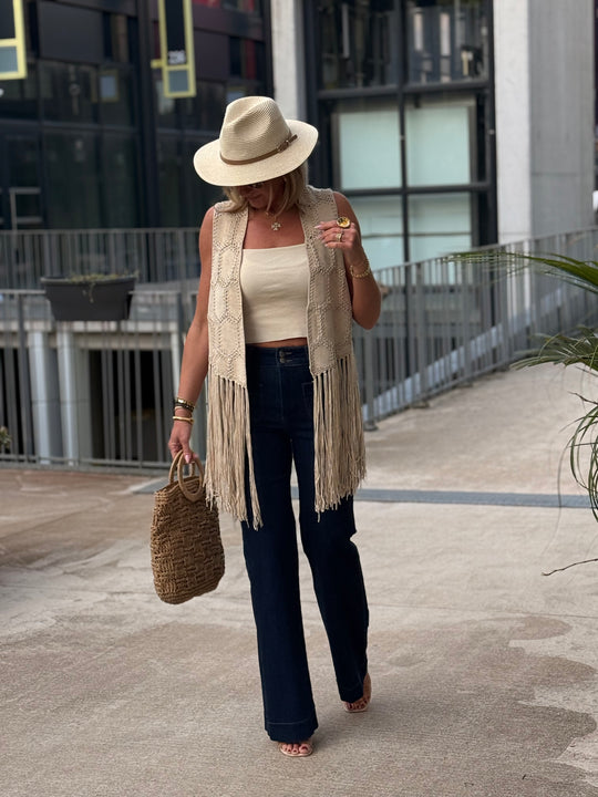 Gilet court beige franges 5001