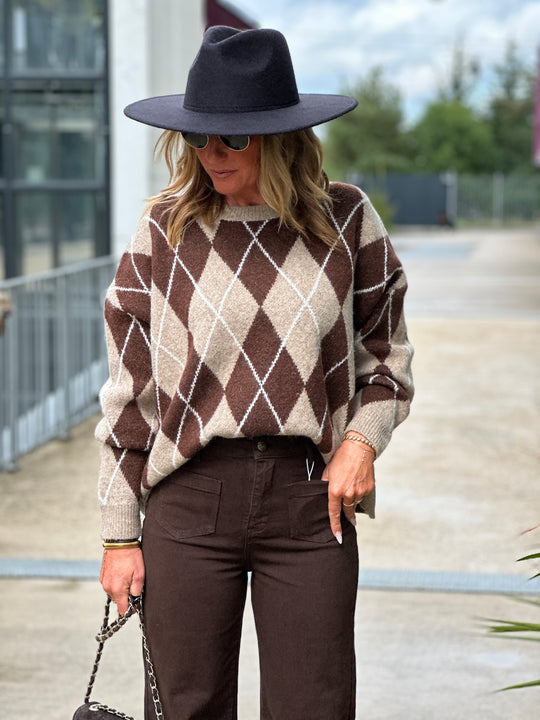 Pull maille motifs arlequin choco 228
