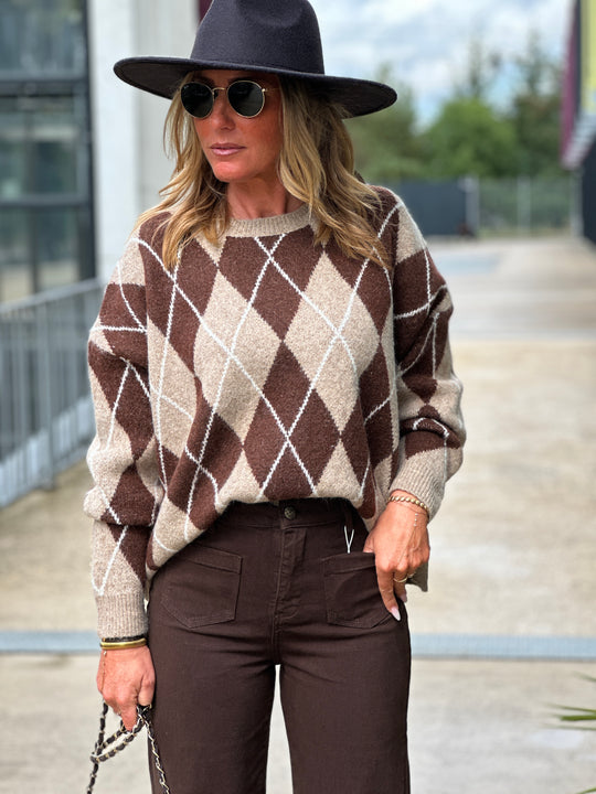 Pull maille motifs arlequin choco 228