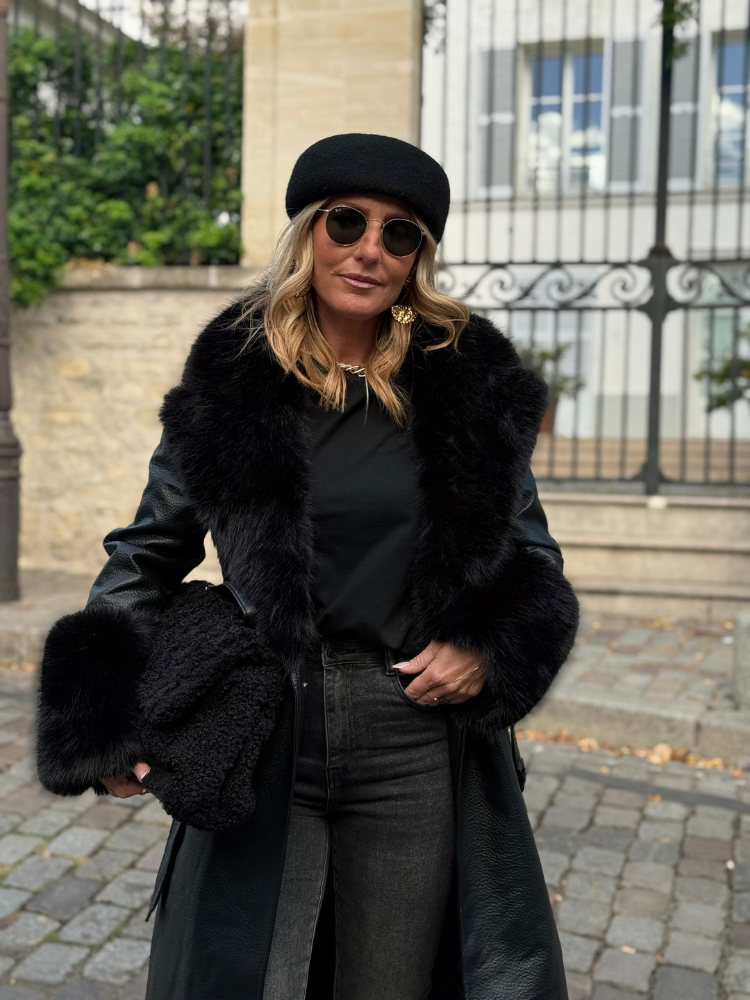 MANTEAU LONG EN SIMILICUIR Fourrure Noir 9202