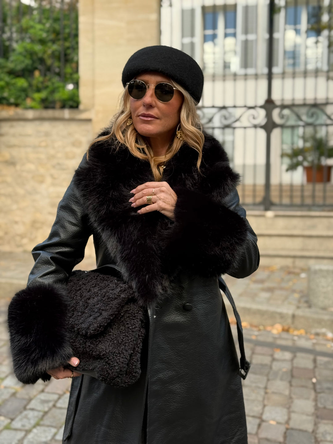 MANTEAU LONG EN SIMILICUIR Fourrure Noir 9202